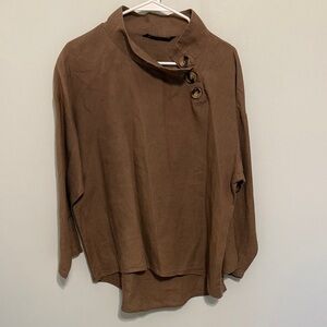 Zara Top Shirt Blouse  Longe Sleeve Brown Button-Detail Top Linen Small